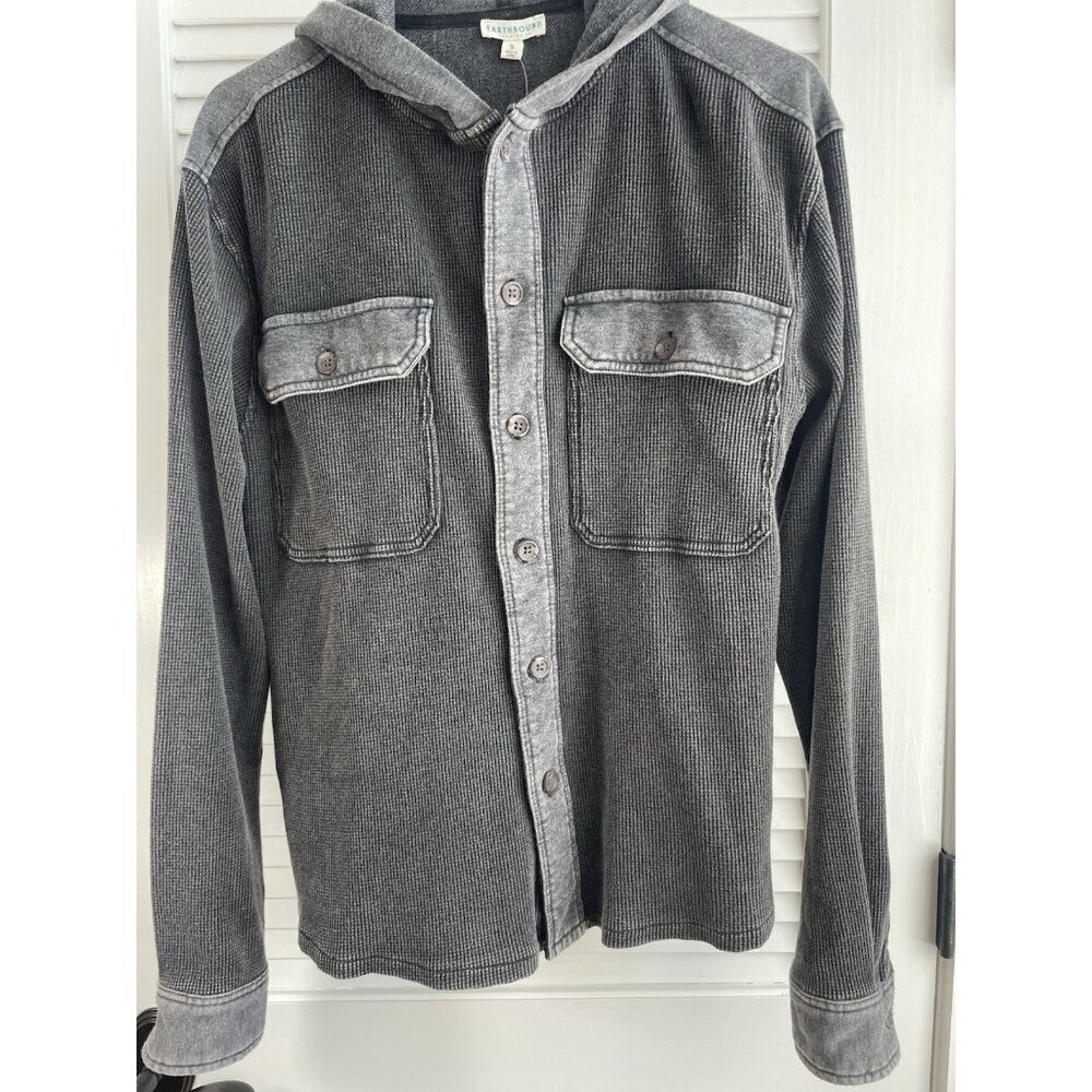 Earthbound Trading Hooded Button Down Grey Waffle Shirt Jacket NWT Men's Small